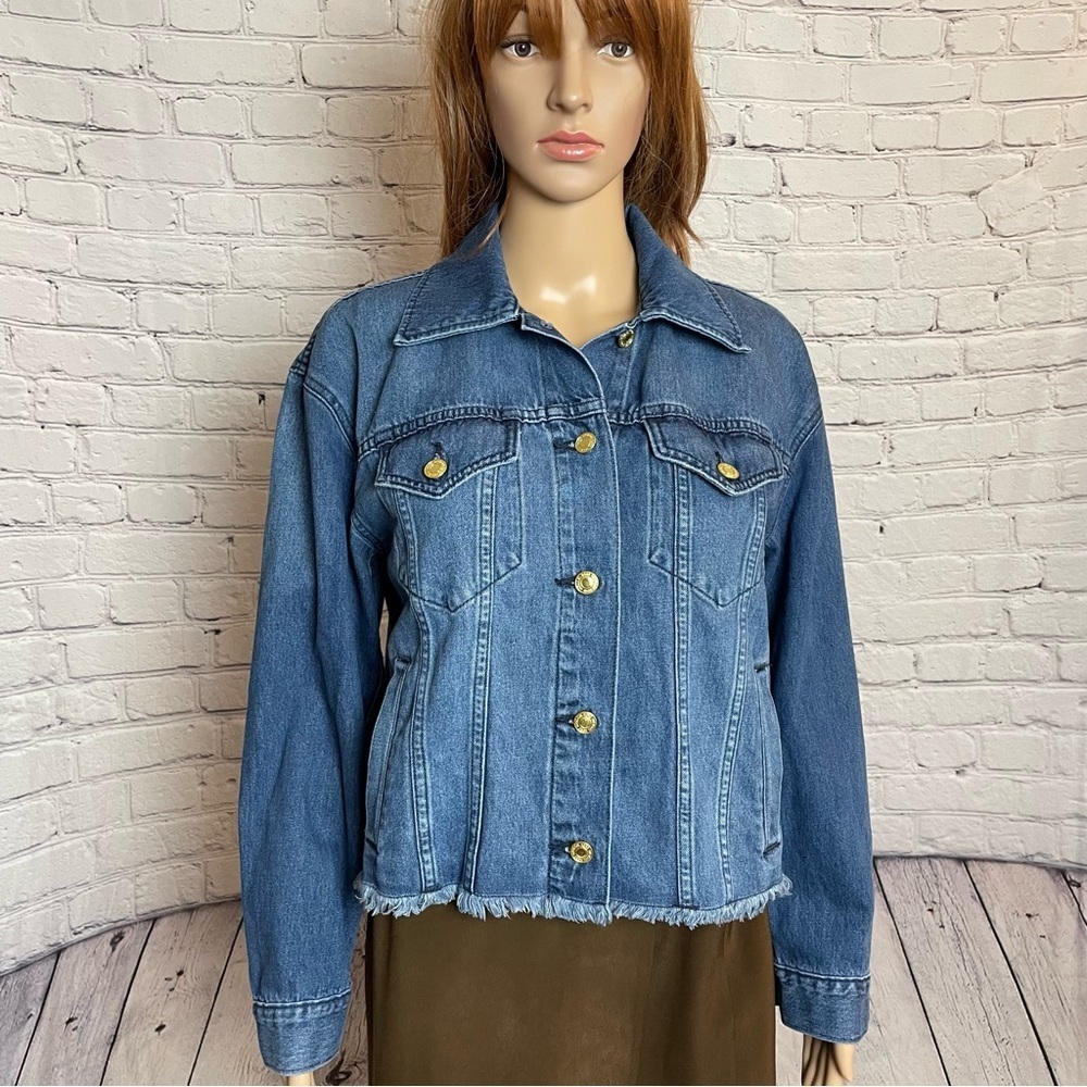 NWT New $130 Michael Kors Denim Frayed Hemline Rivera Blue Jacket Size S